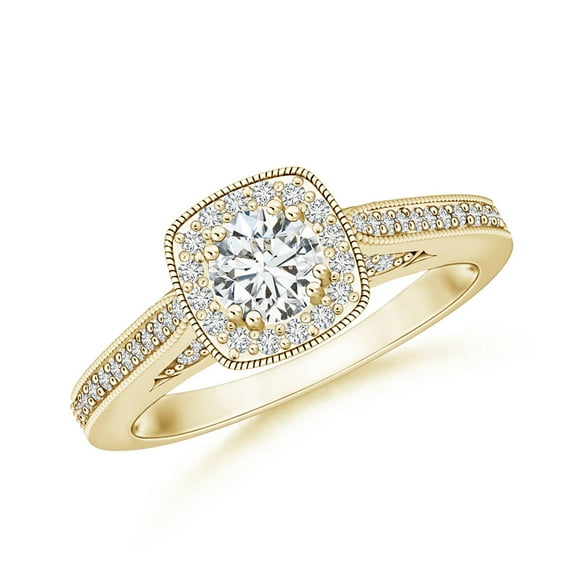ANGARA Natural Diamond Cushion Halo Ring with Milgrain in 14K Yellow Gold for Women (Size-4.5mm| Color-H| Clarity-SI2) | April Birthstone, Anniversary, Jewelry Gift for Women | Natural Diamond Ring