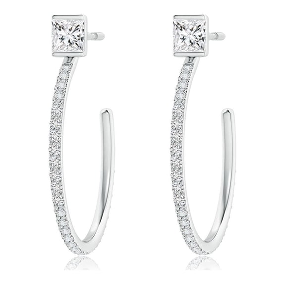 ANGARA Natural Princess & Diamond Hoop Earrings in 14K White Gold for Women (Size-3.1mm| Color-H| Clarity-SI2) | April Birthstone, Anniversary, Jewelry Gift for Women | Natural Diamond Earrings