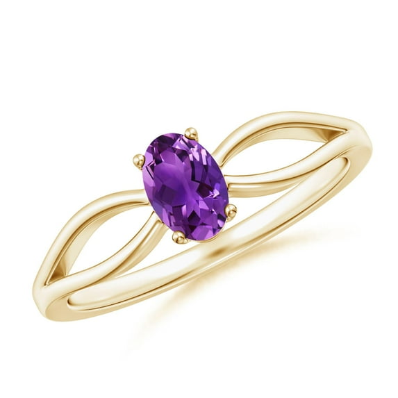 ANGARA Natural Prong-Set Solitaire Amethyst Split Shank Ring in 14K Yellow Gold for Women (Size-6x4mm) | February Birthstone, Birthday, Anniversary, Jewelry Gift for Women | Natural Amethyst Ring
