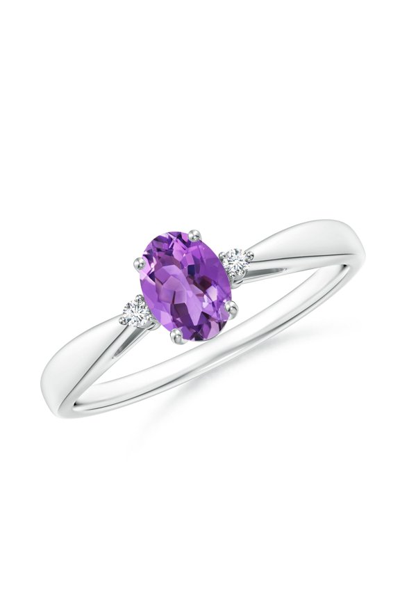 Natural Tapered Shank Amethyst Solitaire Ring with Diamond Accents in 14K White Gold for Women (Size-6x4mm) | February Birthstone, Anniversary, Jewelry Gift for Women | Natural Amethyst Ring