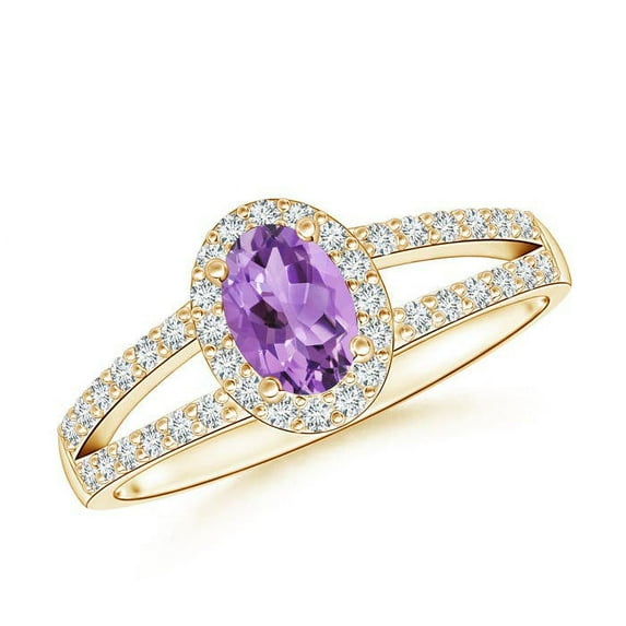 ANGARA Natural Oval Amethyst Split Shank Halo Ring in 14K Yellow Gold for Women (Size-6x4mm) | February Birthstone, Birthday, Anniversary, Jewelry Gift for Women | Natural Amethyst Ring