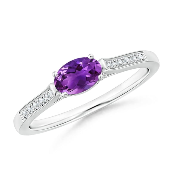 ANGARA Natural Oval Amethyst Solitaire Ring with Diamonds in 14K White Gold for Women (Size-6x4mm) | February Birthstone, Birthday, Anniversary, Jewelry Gift for Women | Natural Amethyst Ring