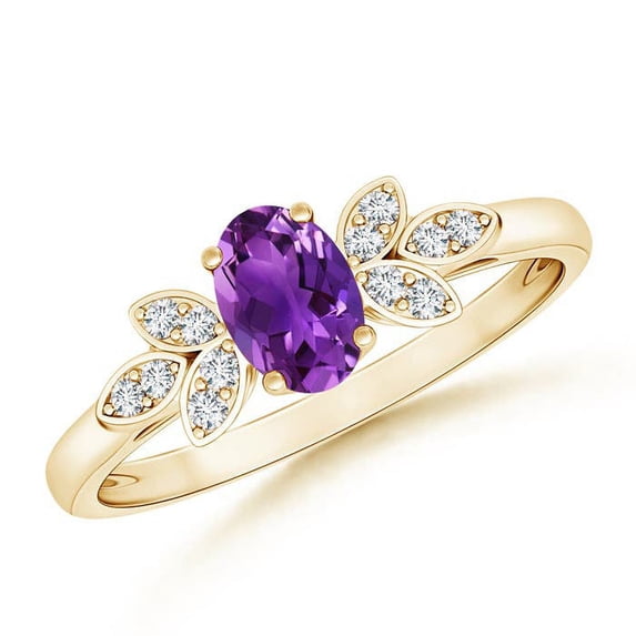 ANGARA Natural Vintage Style Oval Amethyst Ring with Diamond Accents in 14K Yellow Gold for Women (Size-6x4mm) | February Birthstone, Anniversary, Jewelry Gift for Women | Natural Amethyst Ring