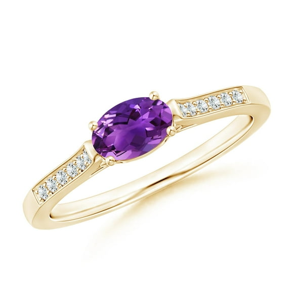 ANGARA Natural Oval Amethyst Solitaire Ring with Diamonds in 14K Yellow Gold for Women (Size-6x4mm) | February Birthstone, Birthday, Anniversary, Jewelry Gift for Women | Natural Amethyst Ring
