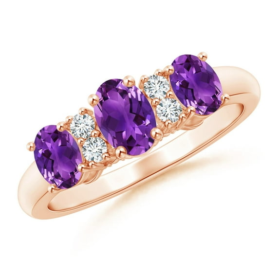 ANGARA Natural Oval Three Stone Amethyst Engagement Ring with Diamonds in 14K Rose Gold for Women (Size-6x4mm) | February Birthstone, Anniversary, Jewelry Gift for Women | Natural Amethyst Ring