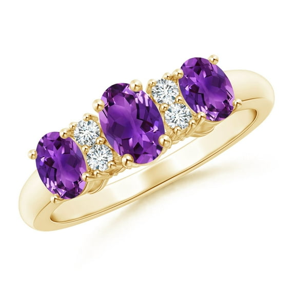ANGARA Natural Oval Three Stone Amethyst Engagement Ring with Diamonds in 14K Yellow Gold for Women (Size-6x4mm) | February Birthstone, Anniversary, Jewelry Gift for Women | Natural Amethyst Ring