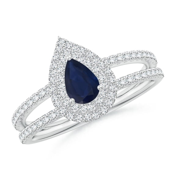 ANGARA Natural Split Shank Pear Sapphire and Diamond Double Halo Ring in 14K White Gold for Women (Size-6x4mm) | September Birthstone, Anniversary, Jewelry Gift for Women | Natural Blue Sapphire Ring