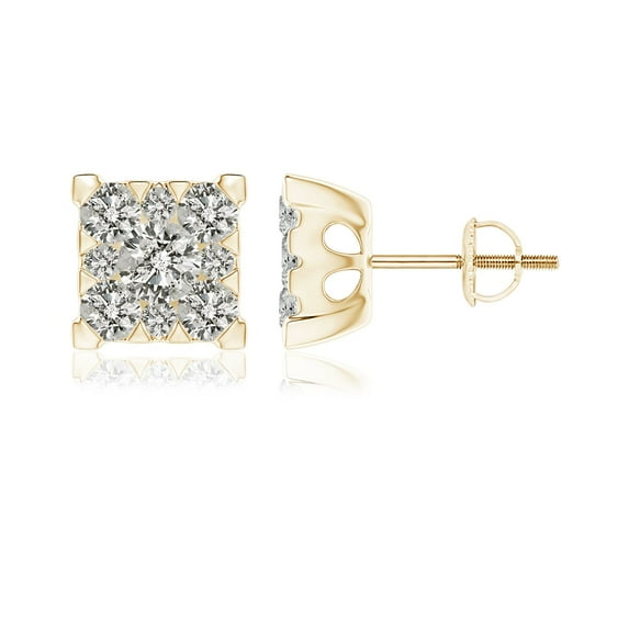 ANGARA Natural Diamond Square Cluster Stud Earrings in 14K Yellow Gold for Women (Size-3.8mm| Color-K| Clarity-I3) | April Birthstone, Anniversary, Jewelry Gift for Women | Natural Diamond Earrings