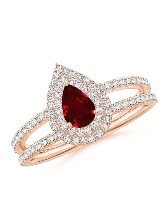 Natural Split Shank Pear Ruby and Diamond Double Halo Ring in 14K Rose Gold for Women (Size-6x4mm) | July Birthstone Jewelry for Her | Natural Ruby Rings