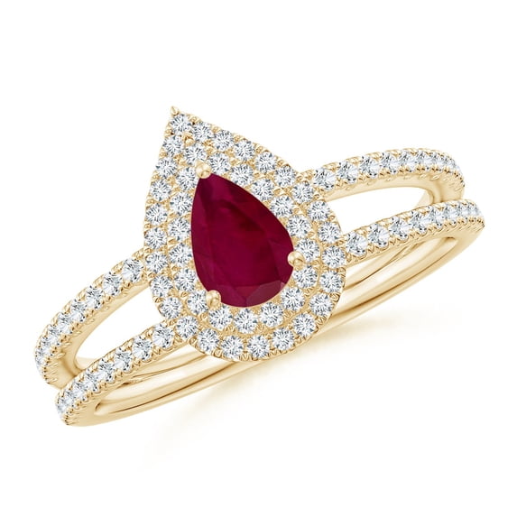 ANGARA Natural Split Shank Pear Ruby and Diamond Double Halo Ring in 14K Yellow Gold for Women (Size-6x4mm) | July Birthstone, Birthday, Anniversary, Jewelry Gift for Women | Natural Ruby Ring