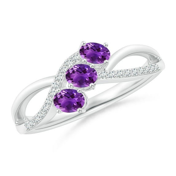 ANGARA Natural Oval Amethyst Three Stone Bypass Ring with Diamonds in 14K White Gold for Women (Size-4x3mm) | February Birthstone, Anniversary, Jewelry Gift for Women | Natural Amethyst Ring