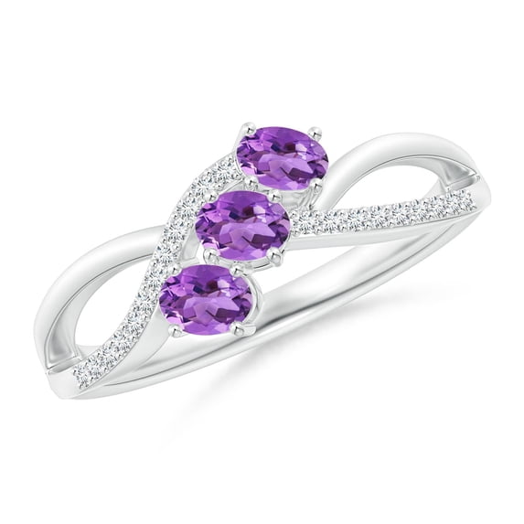 ANGARA Natural Oval Amethyst Three Stone Bypass Ring with Diamonds in 14K White Gold for Women (Size-4x3mm) | February Birthstone, Anniversary, Jewelry Gift for Women | Natural Amethyst Ring