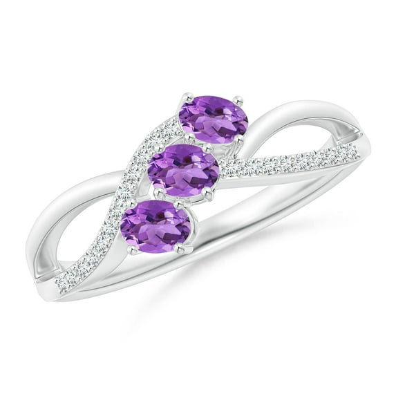 ANGARA Natural Oval Amethyst Three Stone Bypass Ring with Diamonds in 14K White Gold for Women (Size-4x3mm) | February Birthstone, Anniversary, Jewelry Gift for Women | Natural Amethyst Ring