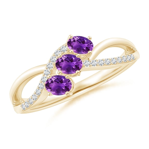 ANGARA Natural Oval Amethyst Three Stone Bypass Ring with Diamonds in 14K Yellow Gold for Women (Size-4x3mm) | February Birthstone, Anniversary, Jewelry Gift for Women | Natural Amethyst Ring