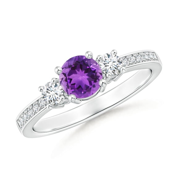 ANGARA Natural Classic Three Stone Amethyst and Diamond Ring in 14K White Gold for Women (Size-5mm) | February Birthstone, Birthday, Anniversary, Jewelry Gift for Women | Natural Amethyst Ring