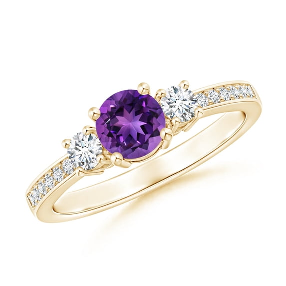 ANGARA Natural Classic Three Stone Amethyst and Diamond Ring in 14K Yellow Gold for Women (Size-5mm) | February Birthstone, Birthday, Anniversary, Jewelry Gift for Women | Natural Amethyst Ring