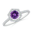 thumbnail image 1 of ANGARA Natural Round Amethyst Ring with Hexagonal Diamond Halo in 14K White Gold for Women (Size-5mm) | February Birthstone, Birthday, Anniversary, Jewelry Gift for Women | Natural Amethyst Ring, 1 of 9