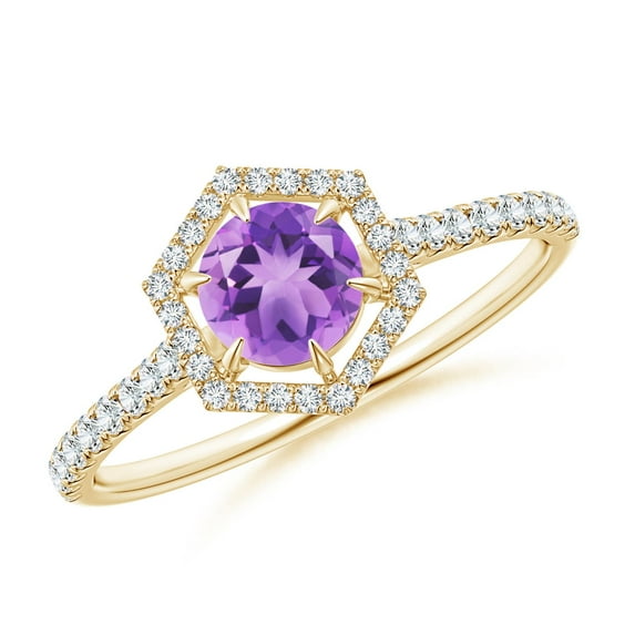 ANGARA Natural Round Amethyst Ring with Hexagonal Diamond Halo in 14K Yellow Gold for Women (Size-5mm) | February Birthstone, Birthday, Anniversary, Jewelry Gift for Women | Natural Amethyst Ring