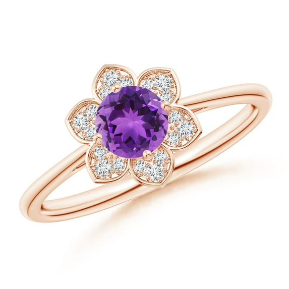ANGARA Natural Round Amethyst Cocktail Ring with Floral Diamond Halo in 14K Rose Gold for Women (Size-5mm) | February Birthstone, Birthday, Anniversary, Jewelry Gift for Women | Natural Amethyst Ring