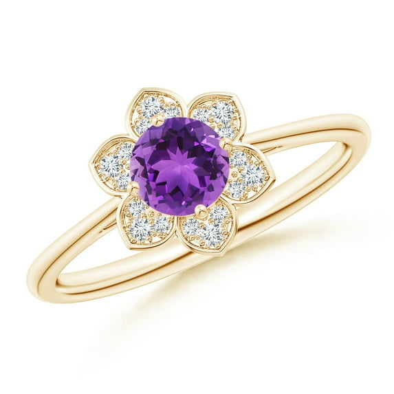 ANGARA Natural Round Amethyst Cocktail Ring with Floral Diamond Halo in 14K Yellow Gold for Women (Size-5mm) | February Birthstone, Anniversary, Jewelry Gift for Women | Natural Amethyst Ring
