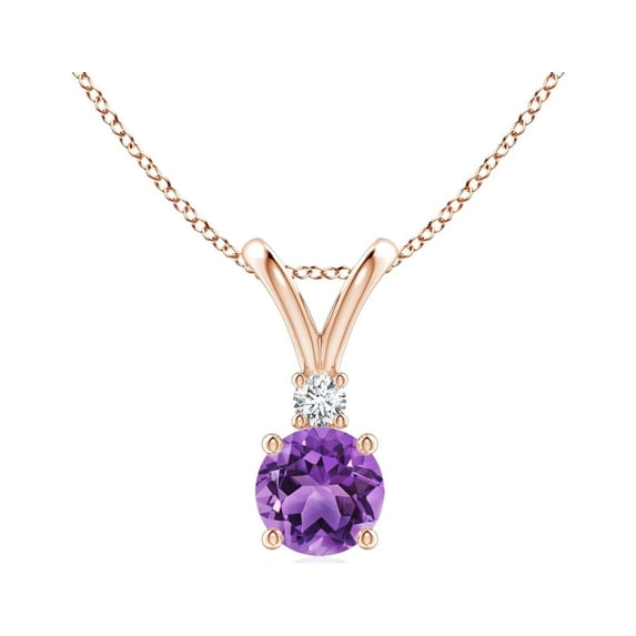 ANGARA Natural Round Amethyst Solitaire V-Bale Pendant with Diamond in 14K Rose Gold for Women (Size-5mm) | February Birthstone, Anniversary, Jewelry Gift for Women | Natural Amethyst Necklace