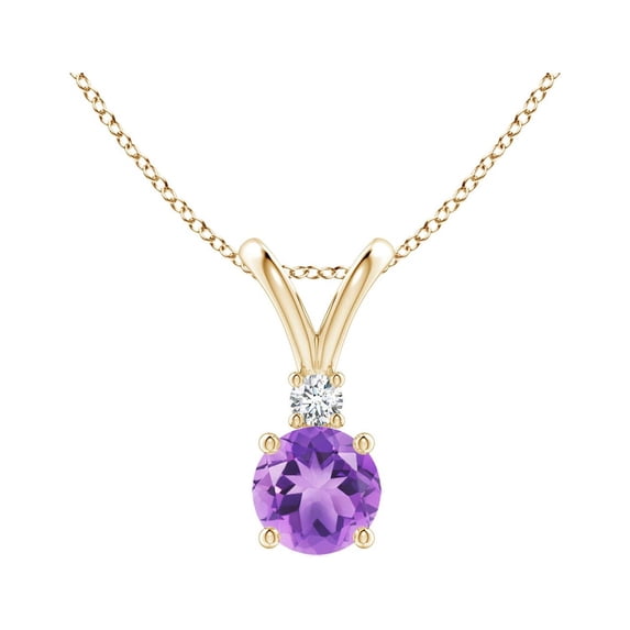 ANGARA Natural Round Amethyst Solitaire V-Bale Pendant with Diamond in 14K Yellow Gold for Women (Size-5mm) | February Birthstone, Anniversary, Jewelry Gift for Women | Natural Amethyst Necklace