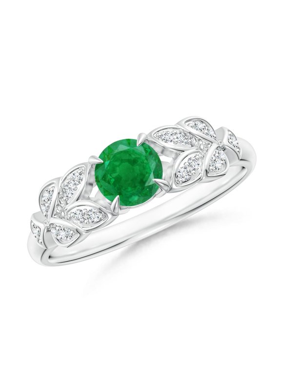 Natural Nature Inspired Round Emerald Leaf Shank Ring in 14K White Gold for Women (Size-5mm) | May Birthstone, Birthday, Anniversary, Jewelry Gift for Women | Natural Emerald Ring