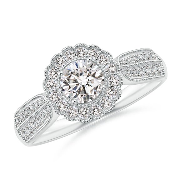 ANGARA Natural Diamond Floral Halo Engagement Ring in 14K White Gold for Women (Size-5mm| Color-I-J| Clarity-I1-I2) | April Birthstone, Anniversary, Jewelry Gift for Women | Natural Diamond Ring