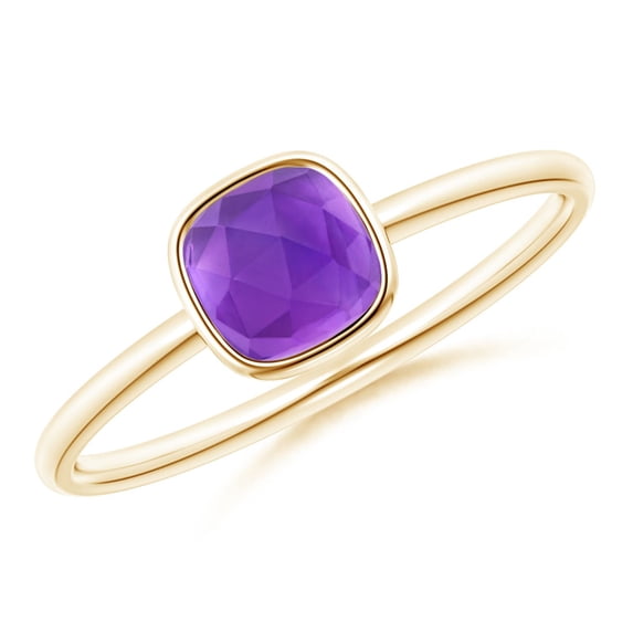 ANGARA Natural Bezel-Set Cushion Amethyst Solitaire Ring in 14K Yellow Gold for Women (Size-5mm) | February Birthstone, Birthday, Anniversary, Jewelry Gift for Women | Natural Amethyst Ring