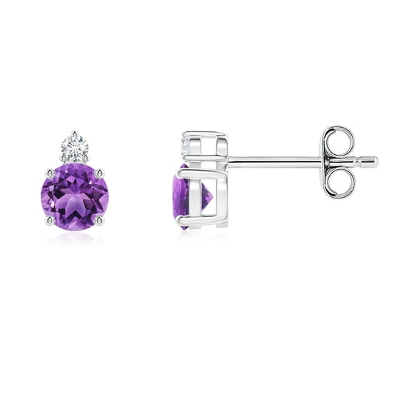 ANGARA Natural Basket-Set Round Amethyst Stud Earrings with Diamond in 925 Sterling Silver for Women (Size-4mm) | February Birthstone, Anniversary, Jewelry Gift for Women | Natural Amethyst Earrings