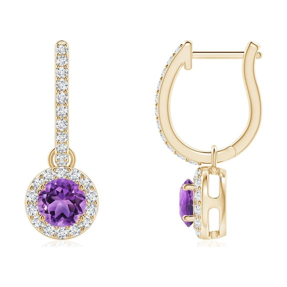 ANGARA Natural Round Amethyst Dangle Earrings with Diamond Halo in 14K Yellow Gold for Women (Size-4mm) | February Birthstone, Anniversary, Jewelry Gift for Women | Natural Amethyst Earrings