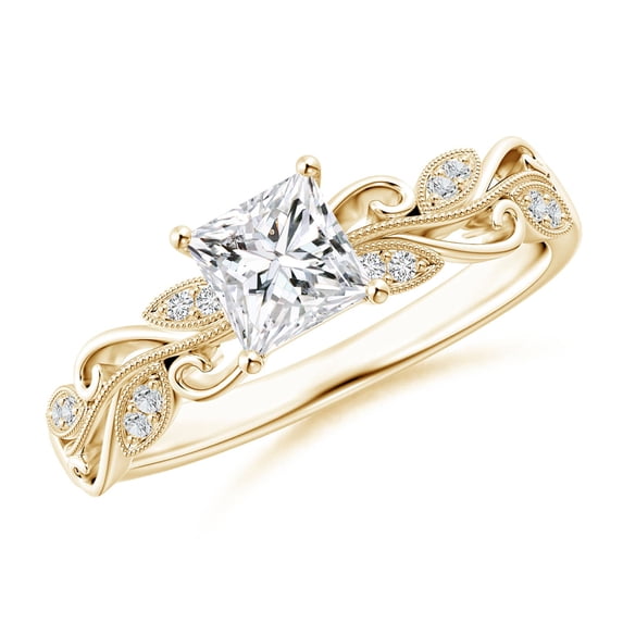ANGARA Natural Princess-Cut Diamond Ring with Scrollwork in 14K Yellow Gold for Women (Size-4.7mm| Color-H| Clarity-SI2) | April Birthstone, Anniversary, Jewelry Gift for Women | Natural Diamond Ring