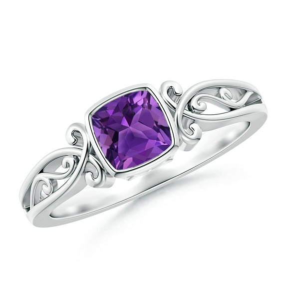 ANGARA Natural Vintage Style Cushion Amethyst Solitaire Ring in 14K White Gold for Women (Size-5mm) | February Birthstone, Birthday, Anniversary, Jewelry Gift for Women | Natural Amethyst Ring