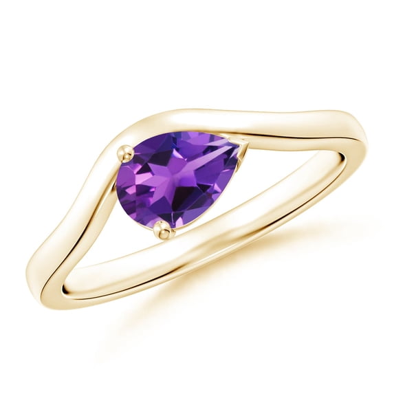 ANGARA Natural East-West Pear Amethyst Wave Shank Solitaire Ring in 14K Yellow Gold for Women (Size-7x5mm) | February Birthstone, Birthday, Anniversary, Jewelry Gift for Women | Natural Amethyst Ring