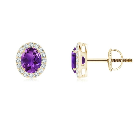 ANGARA Natural Oval Amethyst Studs with Diamond Halo in 14K Yellow Gold for Women (Size-5x4mm) | February Birthstone, Birthday, Anniversary, Jewelry Gift for Women | Natural Amethyst Earrings