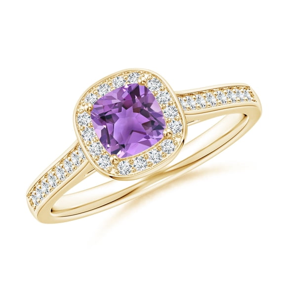 ANGARA Natural Classic Cushion Amethyst Ring with Diamond Halo in 14K Yellow Gold for Women (Size-5mm) | February Birthstone, Birthday, Anniversary, Jewelry Gift for Women | Natural Amethyst Ring