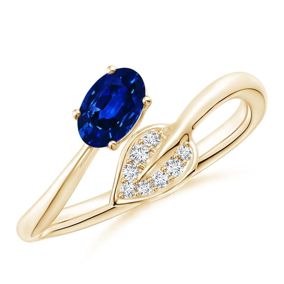 ANGARA Natural Nature Inspired Blue Sapphire Bypass Ring with Diamond Leaf in 14K Yellow Gold for Women (Size-6x4mm) | September Birthstone, Anniversary Jewelry Gift for Women | Natural Sapphire Ring