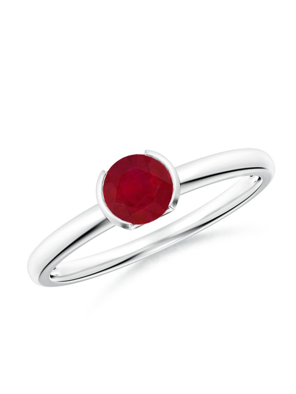 Natural Semi Bezel-Set Ruby Solitaire Engagement Ring in 14K White Gold for Women (Size-5mm) | July Birthstone, Birthday, Anniversary, Jewelry Gift for Women | Natural Ruby Ring