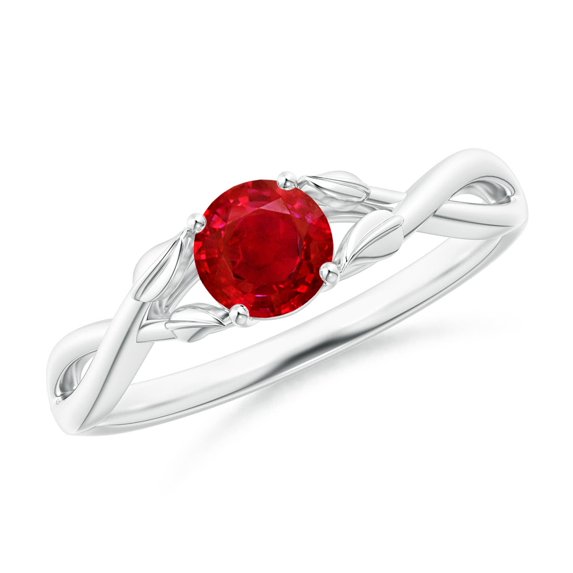 ANGARA Natural Nature Inspired Ruby Crossover Engagement Ring with Leaf Motifs in 14K White Gold for Women (Size-5mm) | July Birthstone, Anniversary, Jewelry Gift for Women | Natural Ruby Ring