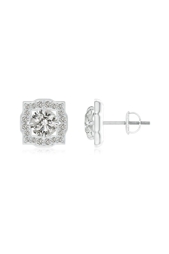 Natural Art Deco Inspired Diamond Halo Studs in 14K White Gold for Women (Size-4.4mm| Color-K| Clarity-I3) | April Birthstone, Anniversary, Jewelry Gift for Women | Natural Diamond Earrings