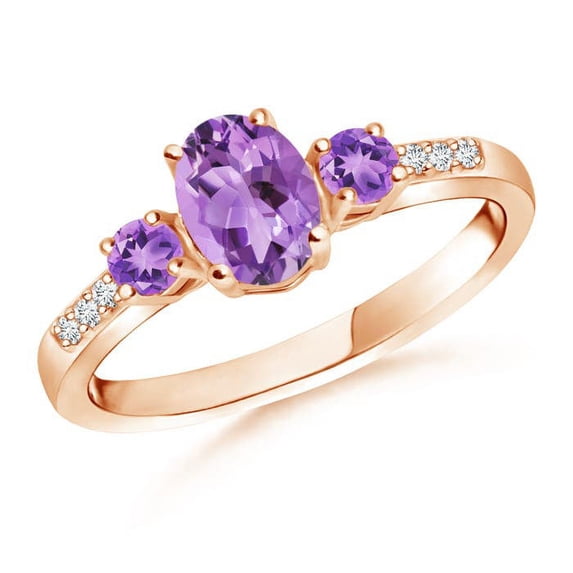 ANGARA Natural Oval Amethyst Three Stone Ring with Diamond Accents in 14K Rose Gold for Women (Size-7x5mm) | February Birthstone, Birthday, Anniversary, Jewelry Gift for Women | Natural Amethyst Ring
