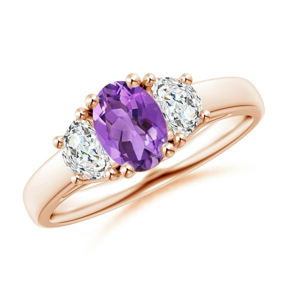 ANGARA Natural Three Stone Oval Amethyst and Half Moon Diamond Ring in 14K Rose Gold for Women (Size-7x5mm) | February Birthstone, Anniversary, Jewelry Gift for Women | Natural Amethyst Ring