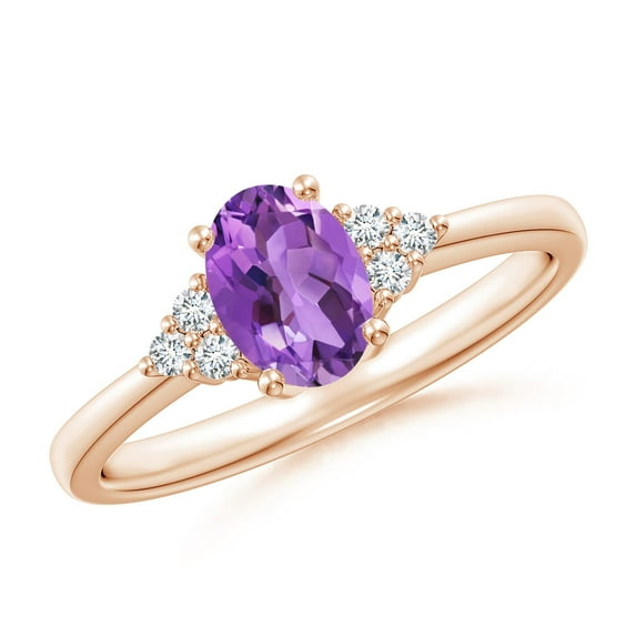 ANGARA Natural Solitaire Oval Amethyst Ring with Trio Diamond Accents in 14K Rose Gold for Women (Size-7x5mm) | February Birthstone, Anniversary, Jewelry Gift for Women | Natural Amethyst Ring