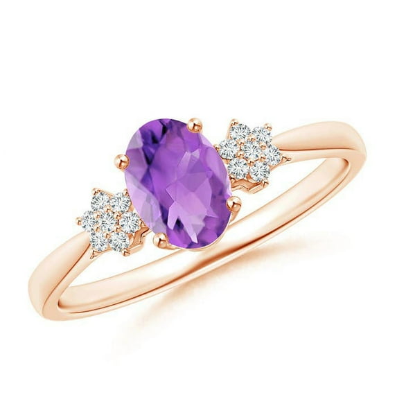 ANGARA Natural Oval Amethyst Solitaire Ring with Diamond Clusters in 14K Rose Gold for Women (Size-7x5mm) | February Birthstone, Birthday, Anniversary, Jewelry Gift for Women | Natural Amethyst Ring