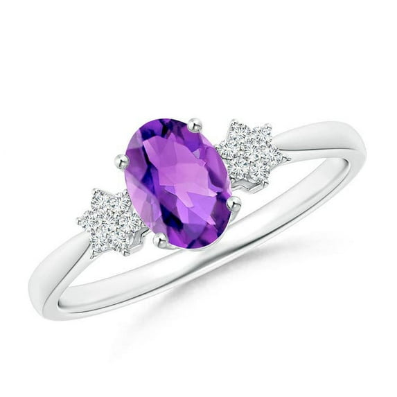 ANGARA Natural Oval Amethyst Solitaire Ring with Diamond Clusters in 14K White Gold for Women (Size-7x5mm) | February Birthstone, Birthday, Anniversary, Jewelry Gift for Women | Natural Amethyst Ring