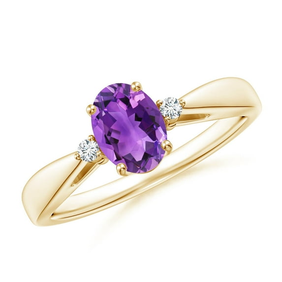 ANGARA Natural Tapered Shank Amethyst Solitaire Ring with Diamond Accents in 14K Yellow Gold for Women (Size-7x5mm) | February Birthstone, Anniversary, Jewelry Gift for Women | Natural Amethyst Ring