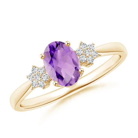ANGARA Natural Oval Amethyst Solitaire Ring with Diamond Clusters in 14K Yellow Gold for Women (Size-7x5mm) | February Birthstone, Anniversary, Jewelry Gift for Women | Natural Amethyst Ring