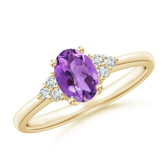 ANGARA Natural Solitaire Oval Amethyst Ring with Trio Diamond Accents in 14K Yellow Gold for Women (Size-7x5mm) | February Birthstone, Anniversary, Jewelry Gift for Women | Natural Amethyst Ring