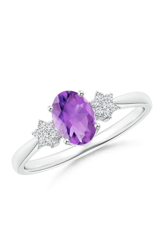 Natural Oval Amethyst Solitaire Ring with Diamond Clusters in 925 Sterling Silver for Women (Size-7x5mm) | February Birthstone, Anniversary, Jewelry Gift for Women | Natural Amethyst Ring