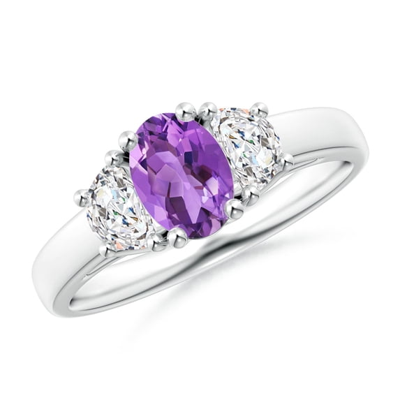 ANGARA Natural Three Stone Oval Amethyst and Half Moon Diamond Ring in 925 Sterling Silver for Women (Size-7x5mm) | February Birthstone, Anniversary, Jewelry Gift for Women | Natural Amethyst Ring